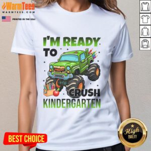 Awesome I'm Ready to Crush Kindergarten Monster Truck Ladies Tee featuring a colorful truck graphic on a stylish shirt.