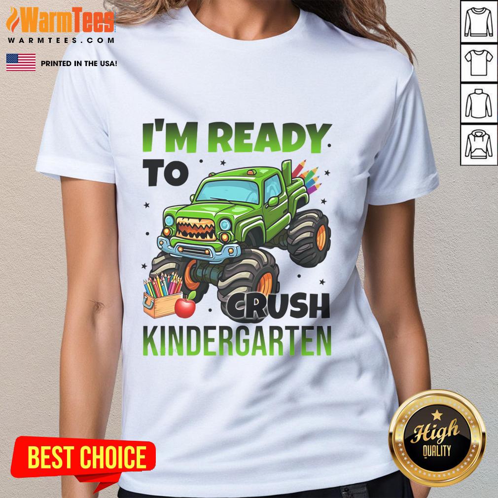 Awesome I'm Ready to Crush Kindergarten Monster Truck Ladies Tee featuring a colorful truck graphic on a stylish shirt.
