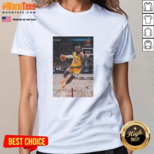 LeBron James in a striking pose wearing a Los Angeles Lakers jersey number 23 on a stylish ladies tee.