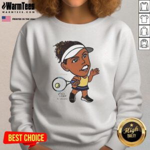 Madison Keys wearing a stylish big head sweatshirt, showcasing her passion for tennis and sporty fashion.