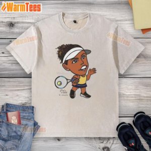 Awesome Madison Keys tennis player wearing a big head graphic washed t-shirt, showcasing her athletic style.