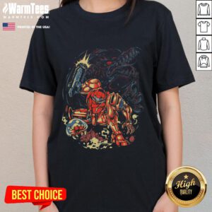 Awesome Metroid Rescue Mission Retro Space Warrior Ladies Tee featuring vibrant graphics of a female space hero.