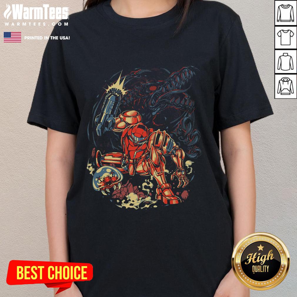Awesome Metroid Rescue Mission Retro Space Warrior Ladies Tee featuring vibrant graphics of a female space hero.