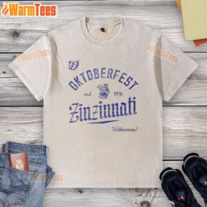 Awesome Oktoberfest Zinzinnati Willkommen Est 1976 washed t-shirt featuring a vintage design and festive colors.