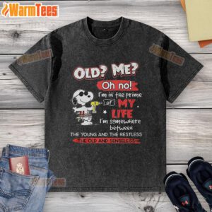 Alt Text: Awesome Snoopy Old Me Oh No I'm In The Prime Of My Life washed t-shirt featuring a vintage Snoopy graphic.