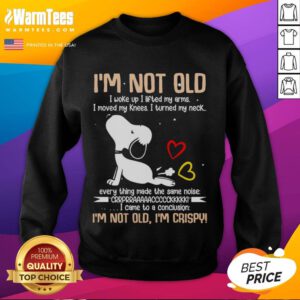 Alt Text: Cute Snoopy sweatshirt with the phrase I'm not old, I woke up, lifted my arms, moved my knees, turned my neck.