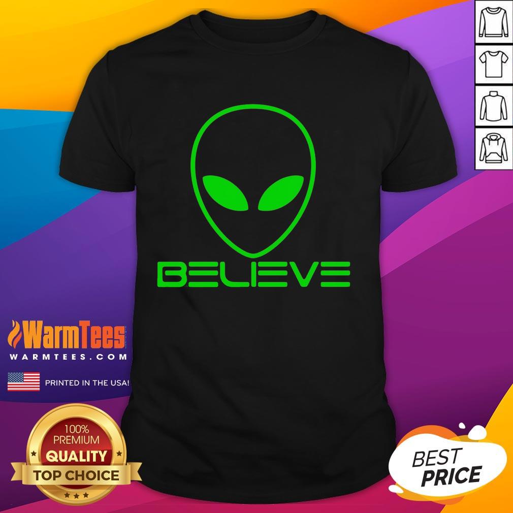 Funny Alien Believe Science T-Shirt featuring a playful alien graphic and humorous text about science and belief.