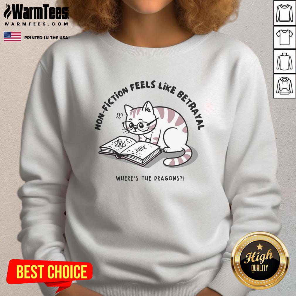 Alt Text: Funny cat sweatshirt design featuring Feels Like Betrayal, Where's The Dragons? for cat lovers and humor enthusiasts.
