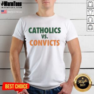 Funny Catholics vs Convicts T-Shirt featuring Miami Hurricanes vs Notre Dame Fighting Irish design for sports fans.