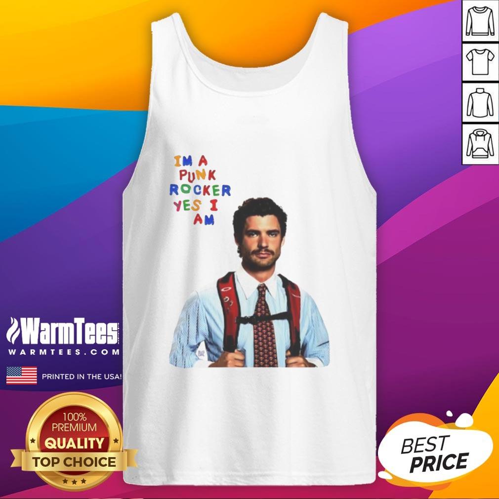 Alt Text: David Corenswet in a humorous I'm a Punk Rocker, Yes I Am tank top, showcasing a fun punk style.