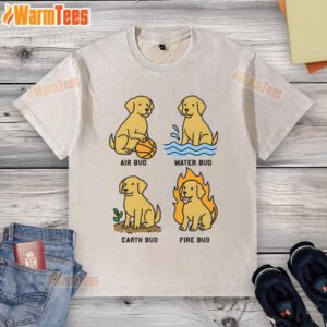 Alt Text: Cute dog wearing a funny elemental-themed washed t-shirt, showcasing its playful personality and adorable style.