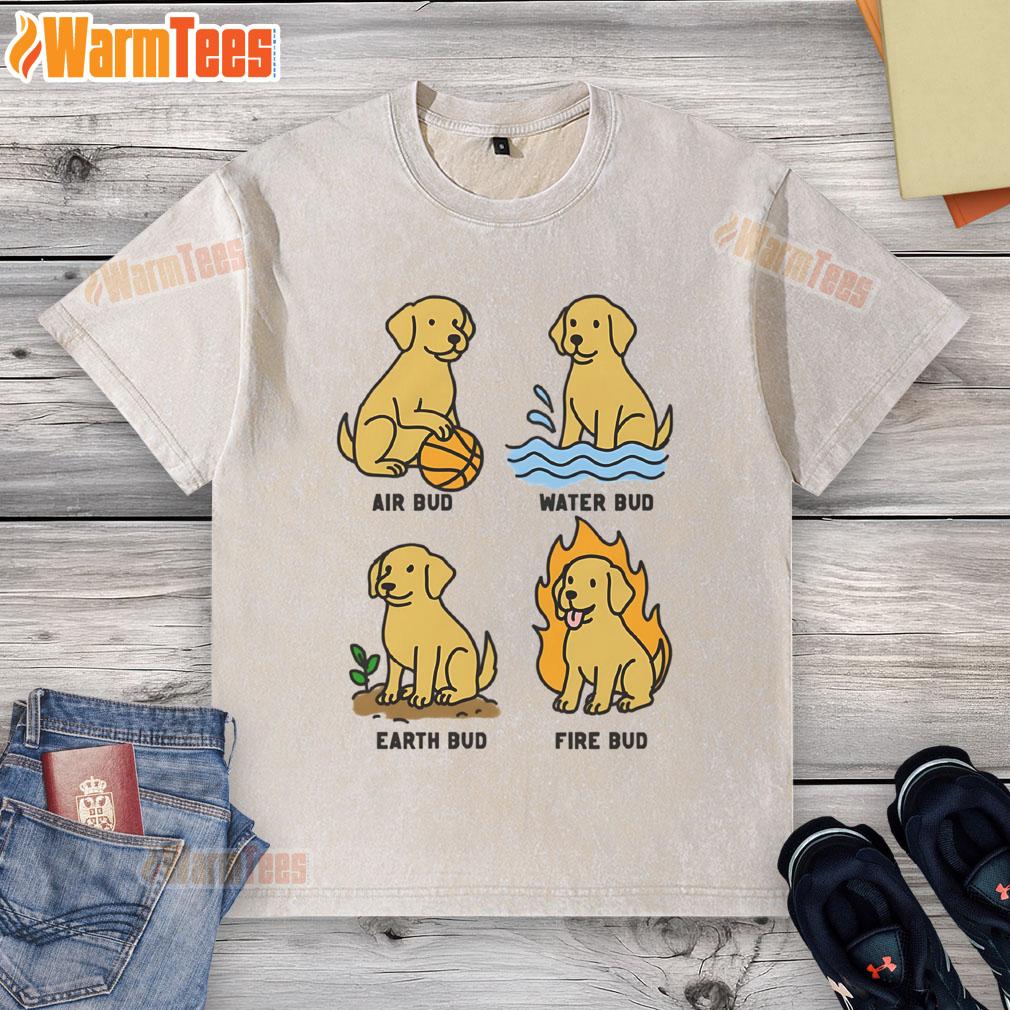 Alt Text: Cute dog wearing a funny elemental-themed washed t-shirt, showcasing its playful personality and adorable style.