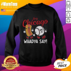 Funny Hey Chicago Whadya Say baseball and hot dog retro sweatshirt design featuring a playful graphic and vibrant colors.