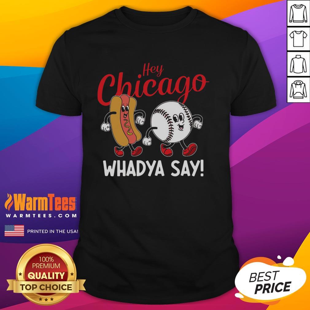 Alt Text: Funny Hey Chicago Whadya Say baseball and hot dog retro t-shirt design featuring a playful graphic and vibrant colors.