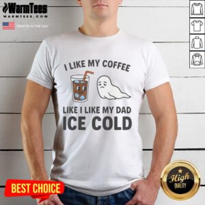 Funny 'I Like My Coffee Like I Like My Dad Ice Cold' T-Shirt design featuring humorous coffee and dad-themed graphics.