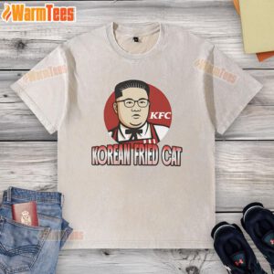 Funny Korean Fried Cat Kim Jong Un T-shirt featuring a humorous graphic design and vibrant colors, perfect for quirky fashion.
