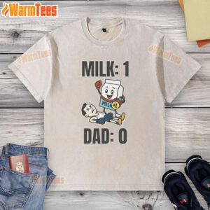 Funny Milk 1 Dad 0 washed t-shirt featuring a humorous graphic of a dad and spilled milk, perfect for playful parenting moments.