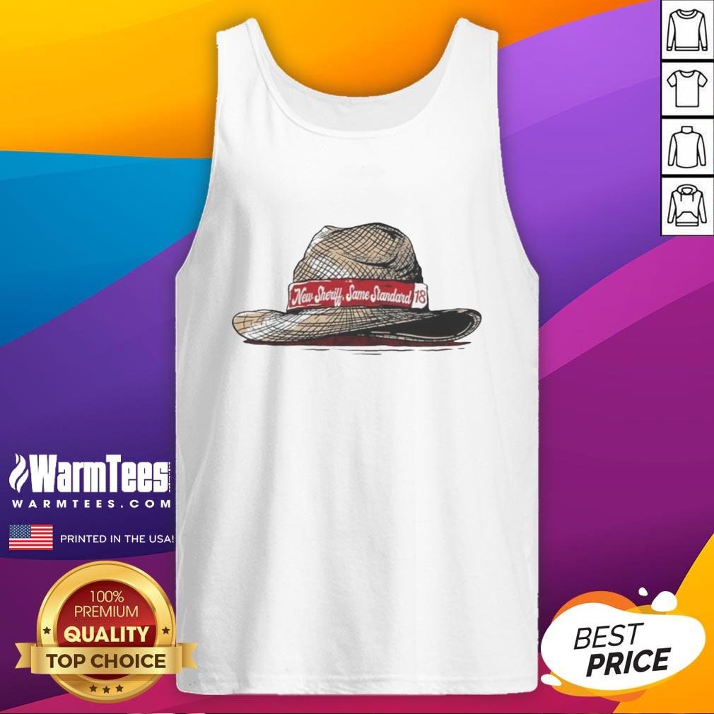 Funny New Sheriff Same Standard Alabama Crimson Tide Football Tank Top featuring a playful design and team colors.
