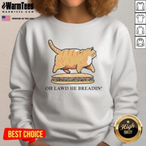 Funny chonky orange cat in a sandwich on 'Oh Lawd He Breadin' sweatshirt, Gadsden parody design.