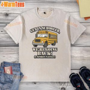 Funny school bus scene with a student wearing a washed-out t-shirt, capturing the excitement of going back to school.