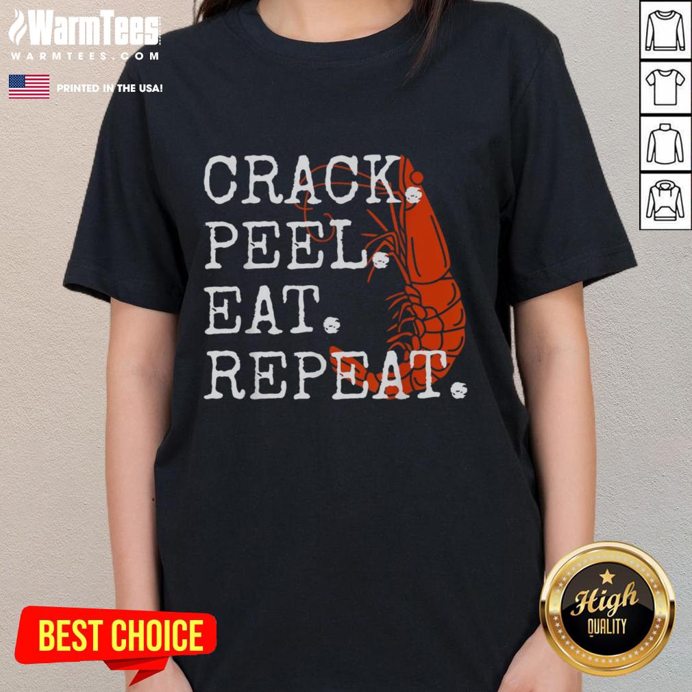 Funny Seafood Crack Peel Eat Repeat Shrimp Ladies Tee featuring a playful shrimp graphic and vibrant colors.