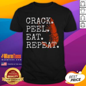Alt Text: Humorous shrimp t-shirt design featuring Funny Seafood Crack Peel Eat Repeat slogan, perfect for seafood lovers.