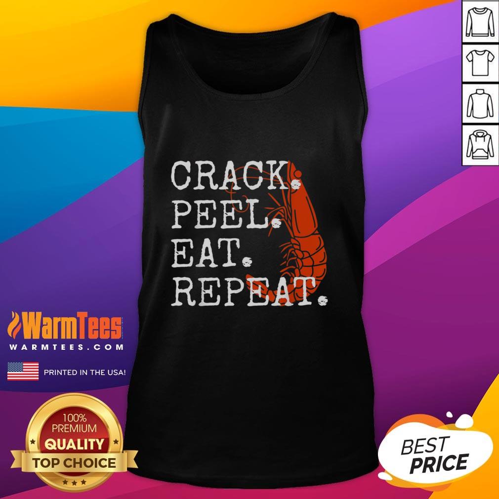 Funny seafood crack peel eat repeat shrimp tank top design featuring vibrant graphics and playful text for seafood lovers.