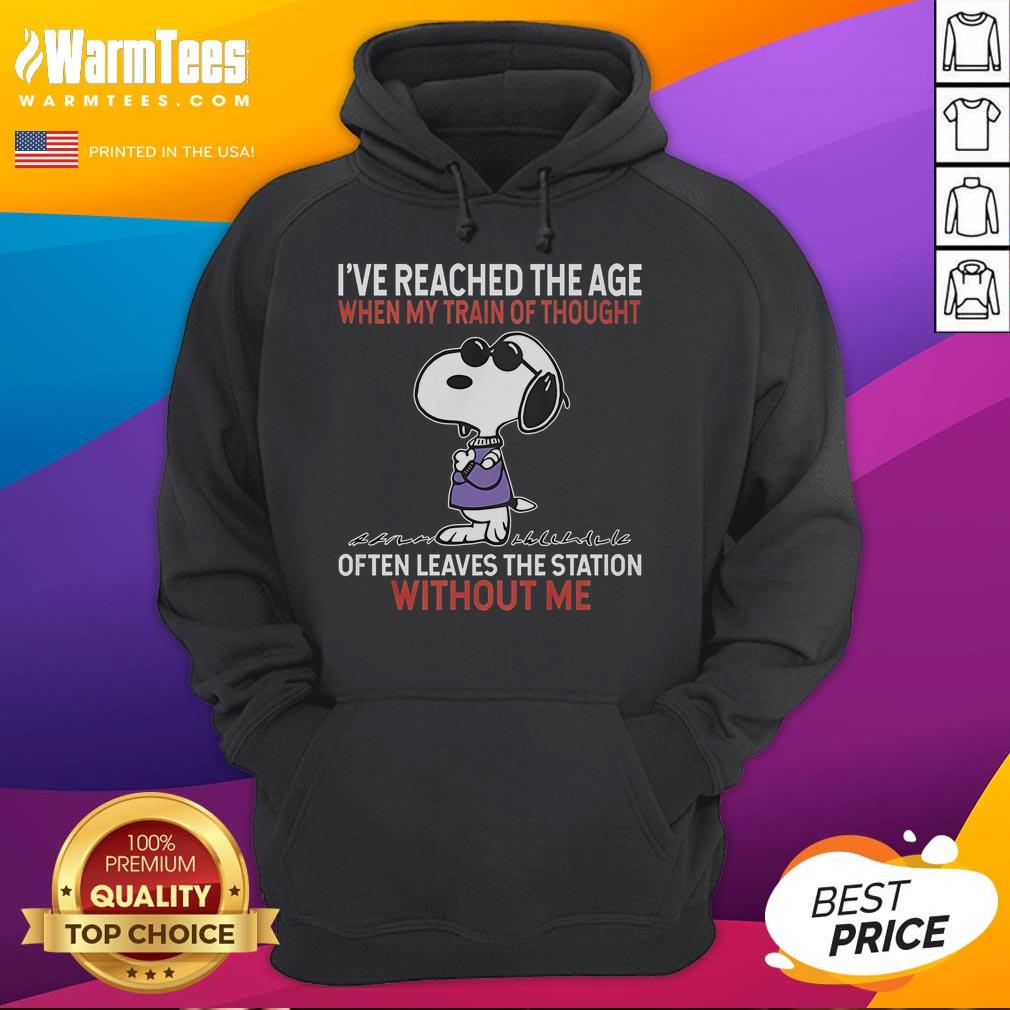 Alt Text: Funny Snoopy hoodie featuring the quote about thoughts leaving the station, perfect for casual wear and laughs.