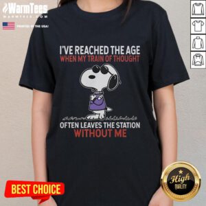 Funny Snoopy graphic on a ladies tee with the quote about trains of thought, perfect for humor and casual wear.