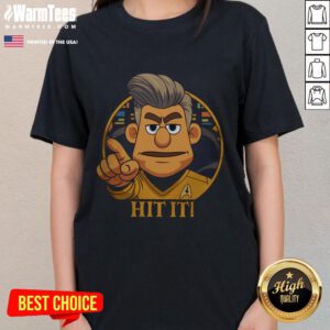 Funny Star Trek cartoon featuring Captain in a Sci-Fi parody, perfect for ladies' tees and fans of humorous space adventures.