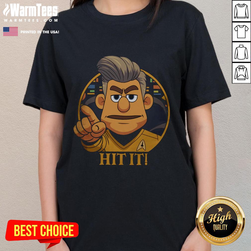 Funny Star Trek cartoon featuring Captain in a Sci-Fi parody, perfect for ladies' tees and fans of humorous space adventures.