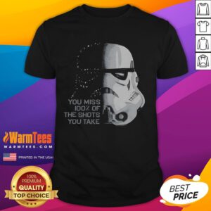 Alt Text: Funny Star Wars Stormtrooper t-shirt featuring You miss 100% of the shots you take quote in vibrant design.