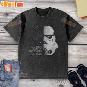 Funny Star Wars Stormtrooper T-shirt featuring the quote 'You miss 100% of the shots you take' in a playful design.