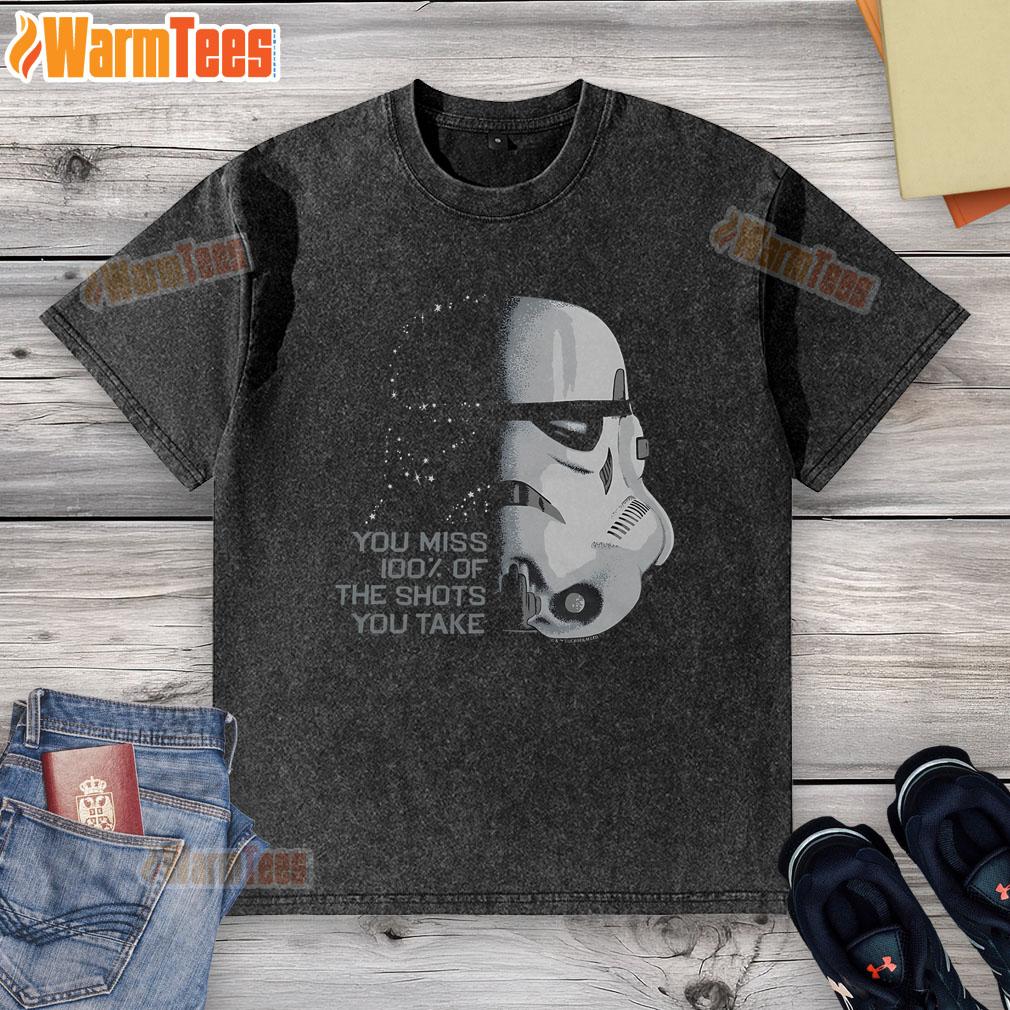 Funny Star Wars Stormtrooper T-shirt featuring the quote 'You miss 100% of the shots you take' in a playful design.