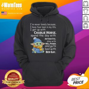 Alt Text: Baby Yoda crying in a hoodie with I'm Never Lonely slogan, featuring four men in his life.