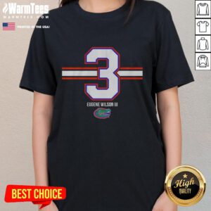 Florida Gators football ladies tee featuring Eugene Wilson III, number 3, with stylish stripes and team colors.