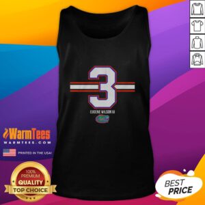 Alt Text: Eugene Wilson III wearing a Florida Gators football stripe tank top, showcasing number 3 for a sporty look.