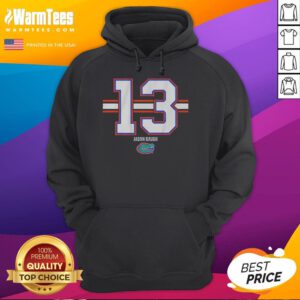 Alt Text: Jadan Baugh wearing a Florida Gators football hoodie, number 13, showcasing team colors and striped design.