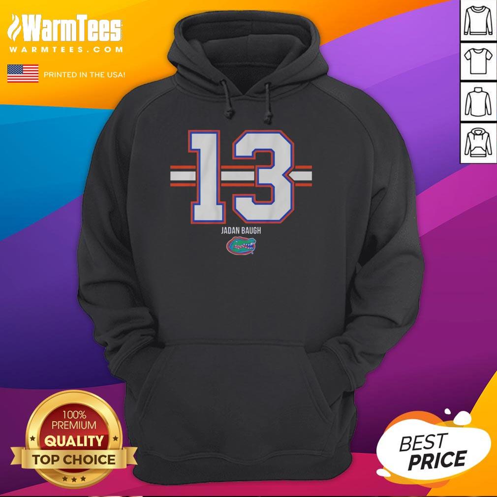 Alt Text: Jadan Baugh wearing a Florida Gators football hoodie, number 13, showcasing team colors and striped design.