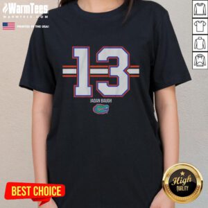Alt Text: Good Florida Gators football ladies tee featuring Jadan Baugh, number 13, with stylish stripes and vibrant colors.