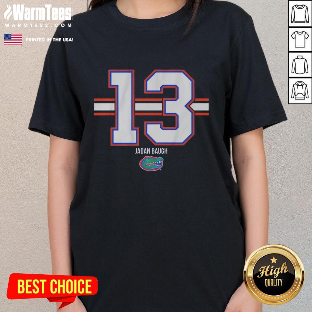Alt Text: Good Florida Gators football ladies tee featuring Jadan Baugh, number 13, with stylish stripes and vibrant colors.