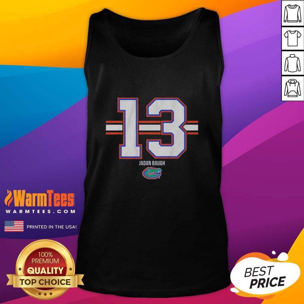 Alt Text: Jadan Baugh wearing a Florida Gators football striped tank top, showcasing the number 13 in vibrant team colors.