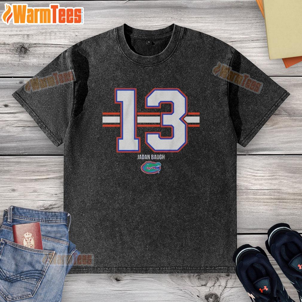 Good Florida Gators football Jadan Baugh number 13 stripe washed t-shirt in vibrant blue and orange.