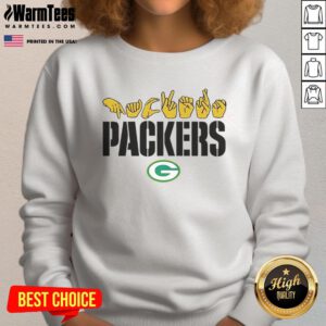 Alt Text: Youth wearing a Good Green Bay Packers Football sweatshirt, showing love sign hand signals in team colors.