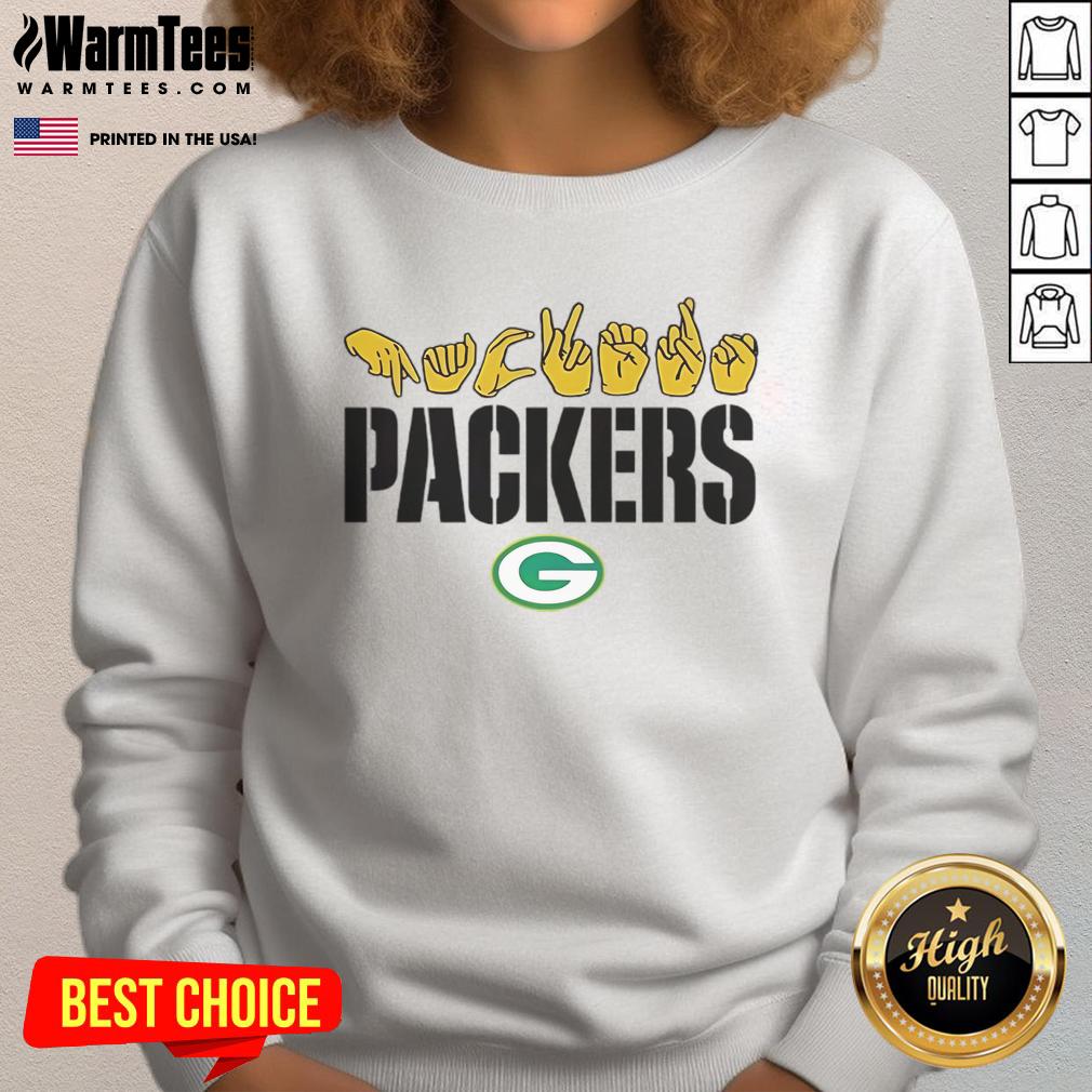 Alt Text: Youth wearing a Good Green Bay Packers Football sweatshirt, showing love sign hand signals in team colors.