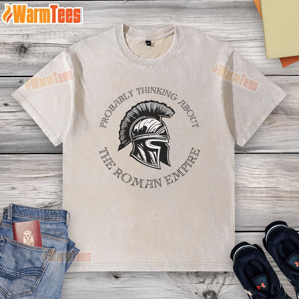 Man wearing a washed t-shirt with a Roman Empire helmet graphic, deep in thought about the Roman Empire.