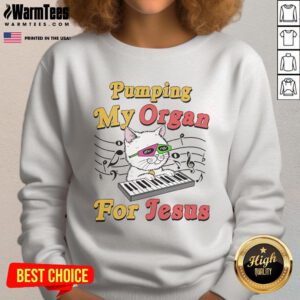 Alt Text: Funny cat meme sweatshirt featuring 'Good Pumping My Organ For Jesus' text, perfect for sarcastic religious humor.