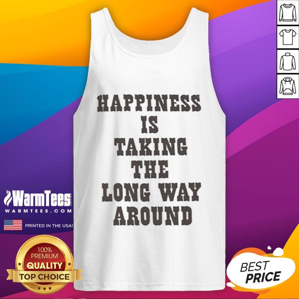 Good Snoopy tank top featuring 'Happiness Is Taking The Long Way Around' design, perfect for casual summer wear.