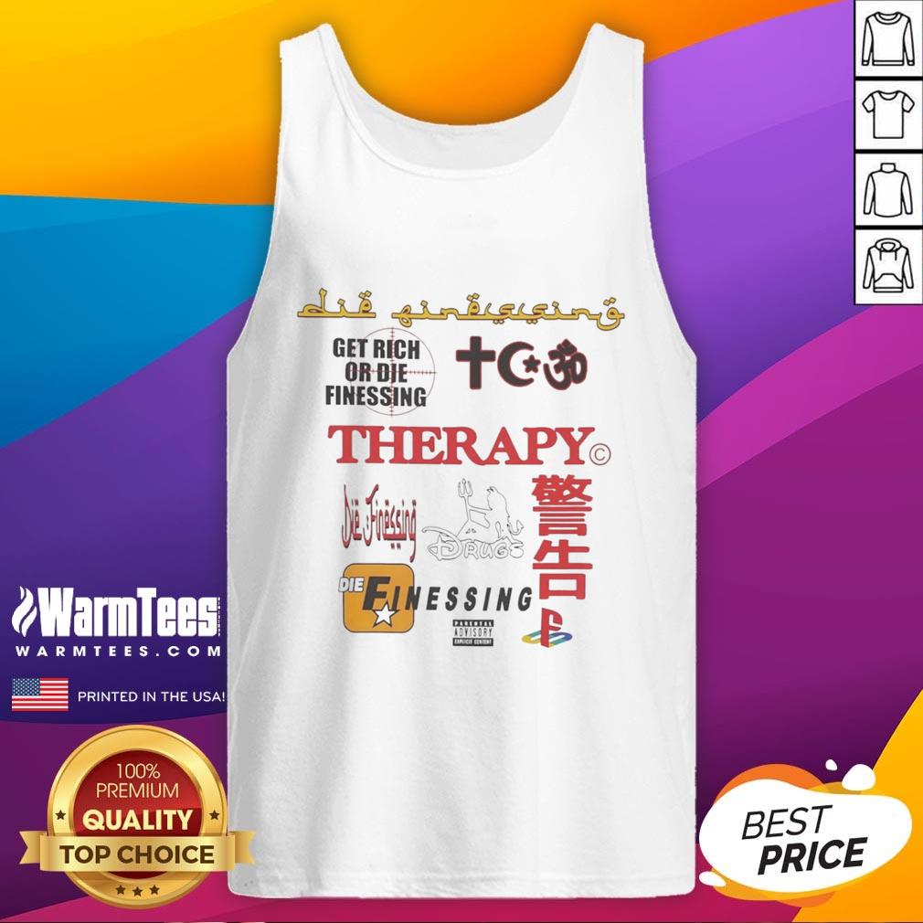 Alt Text: Good Therapy Get Rich or Die Finessing tank top featuring bold graphics, perfect for casual streetwear style.