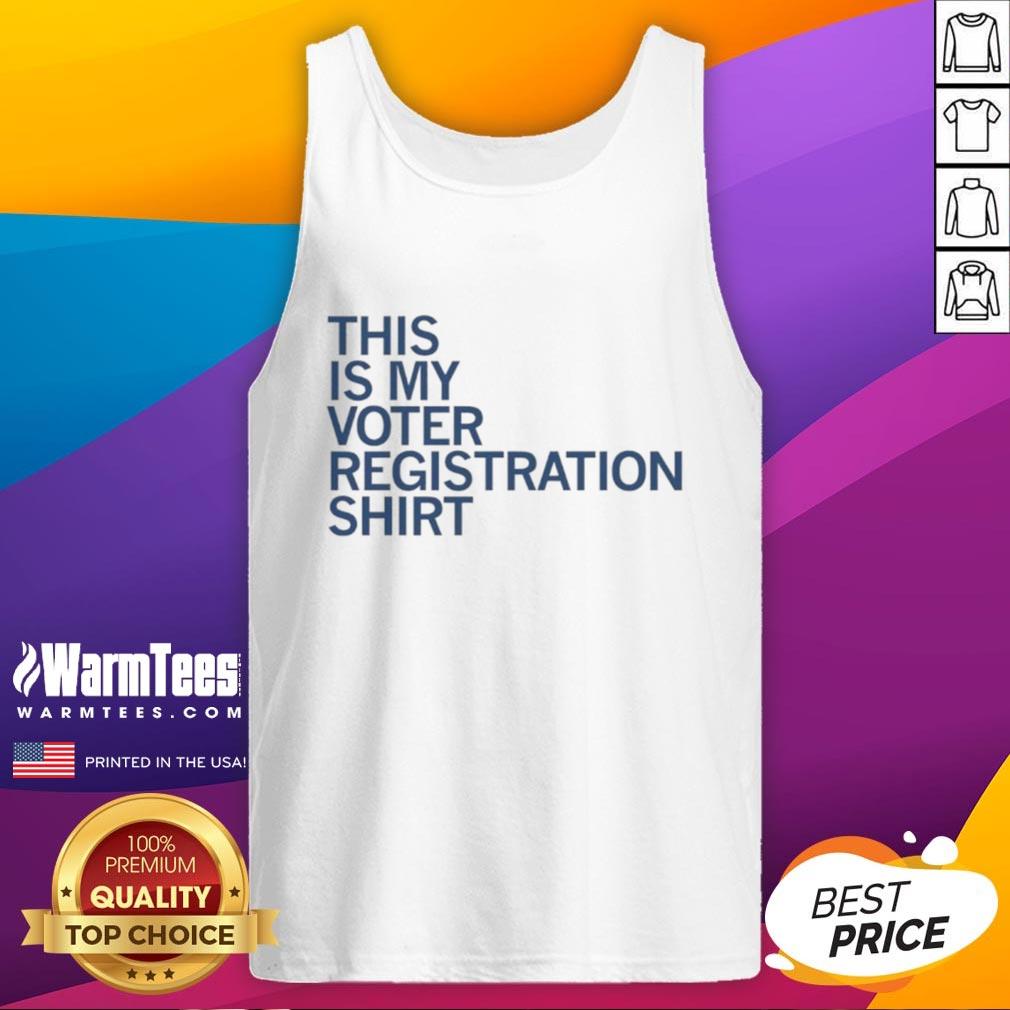 Alt Text: Woman wearing a 'Good-This-Is-My-Voter-Registration-Tank-Top' promoting civic engagement and voting awareness.